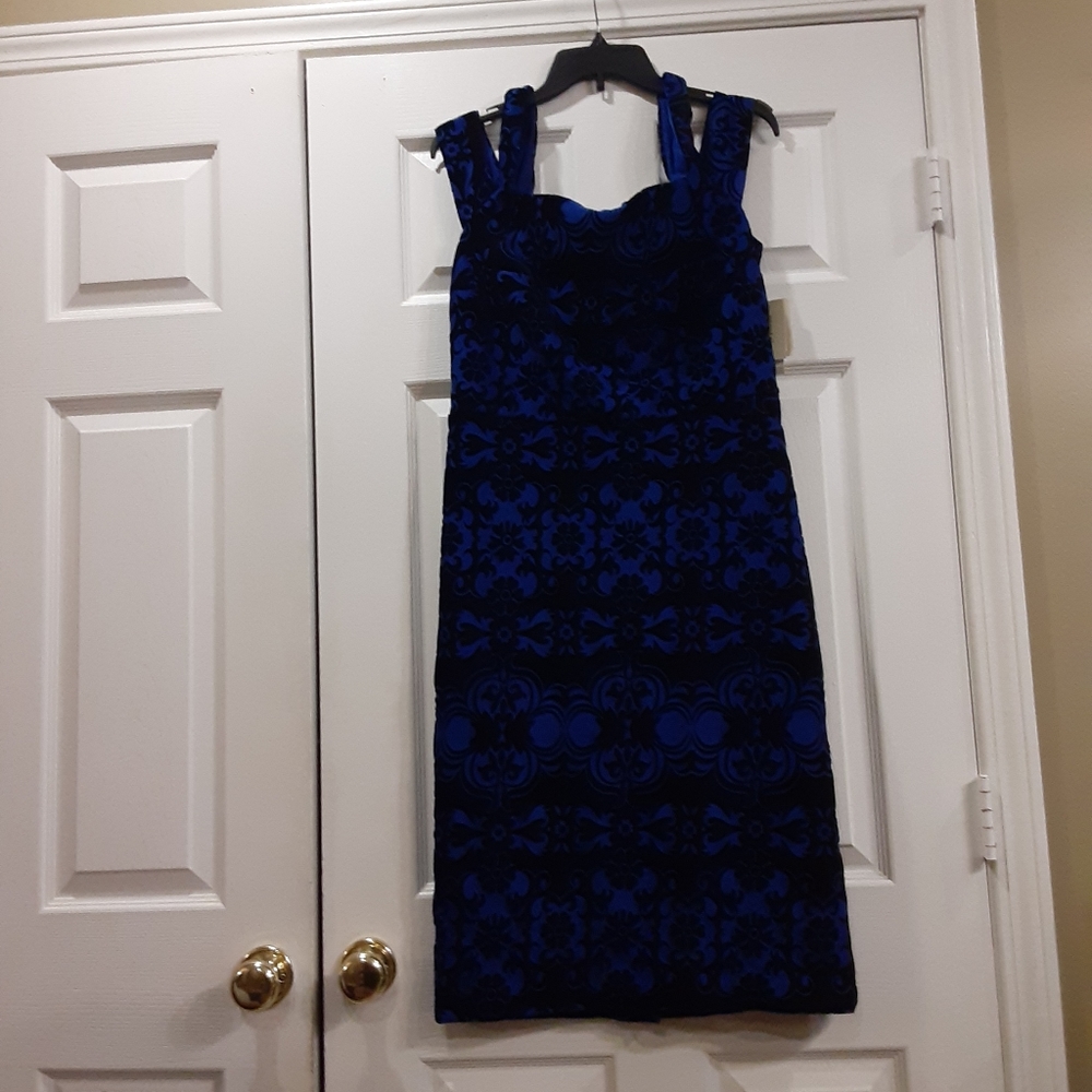 Beige by eci Blue & Black Velvet Dress Sz 12 NWT
